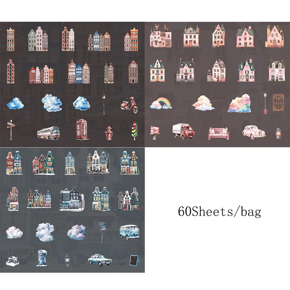 60Pcs Cabin Landscaping Sticker Pack | DIY Craft Stickers for Phone Case, Diary, and Card Decoration